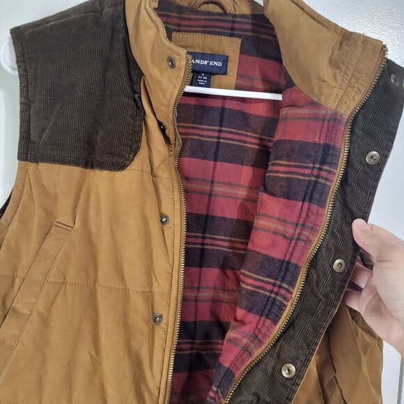 Lands' End Men's Small Brown Tan Corduroy Quilted Vest Red Plaid Flannel Outdoor - Picture 8 of 12